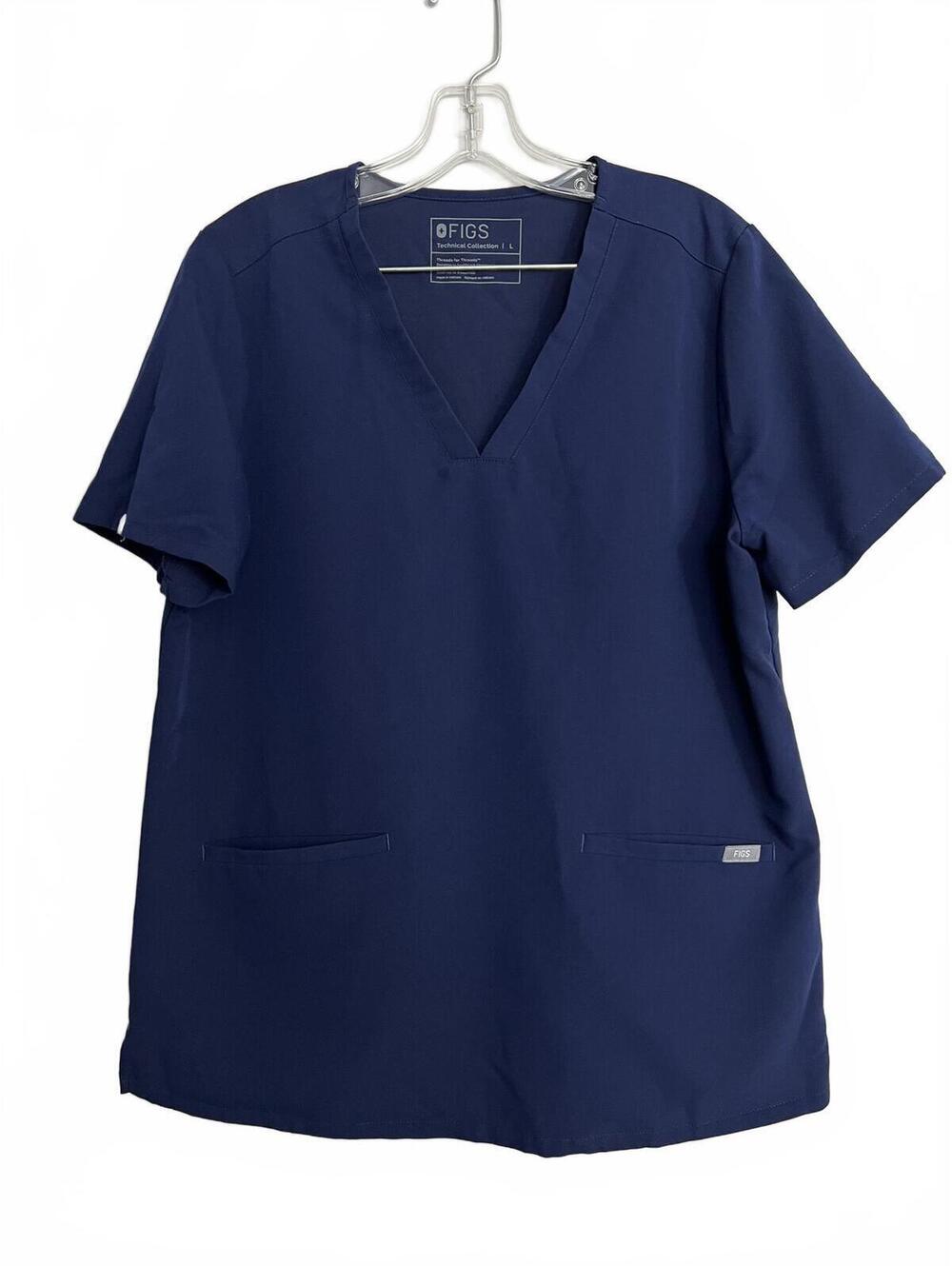 FIGS Navy Blue Scrub Top Large V-Neck Short Sleeve 2 Pocket Medical Uniform